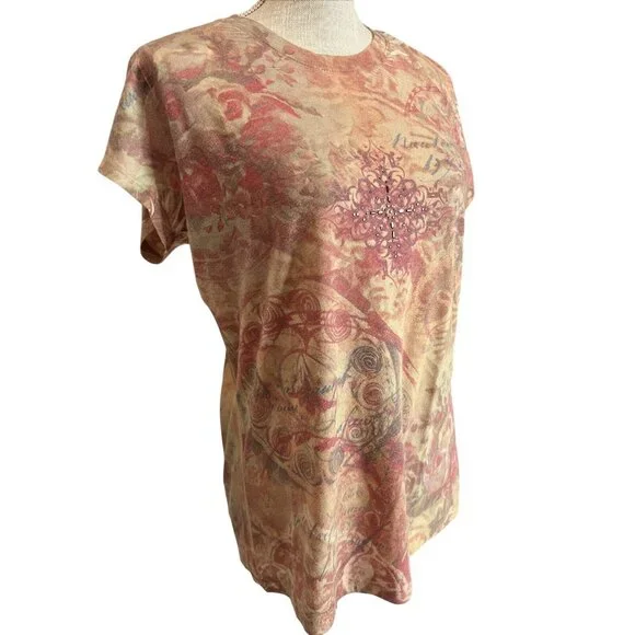 Yukiko Vintage Style Boho T-Shirt Rhinestone Embellishment & Floral Design XL - Picture 4 of 8